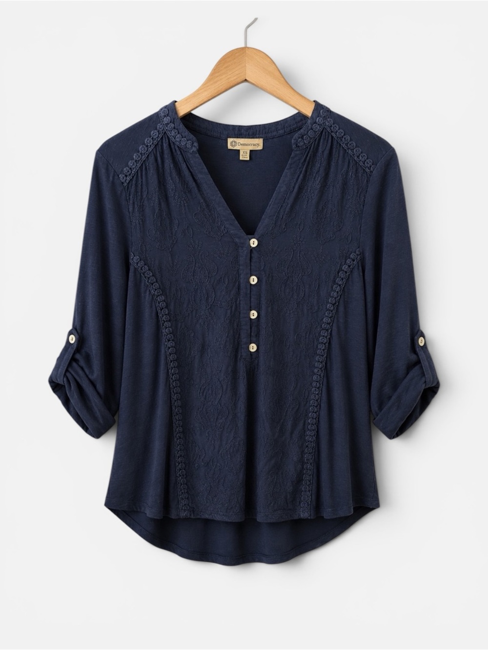 Democracy Navy V-Neck Embroidered Button Henley‎